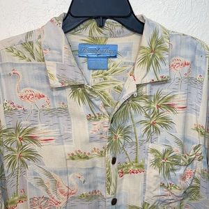 Bermuda Bay Mens Flamingo & Palm Tree Hawaiian 100% Silk Button Down Shirt